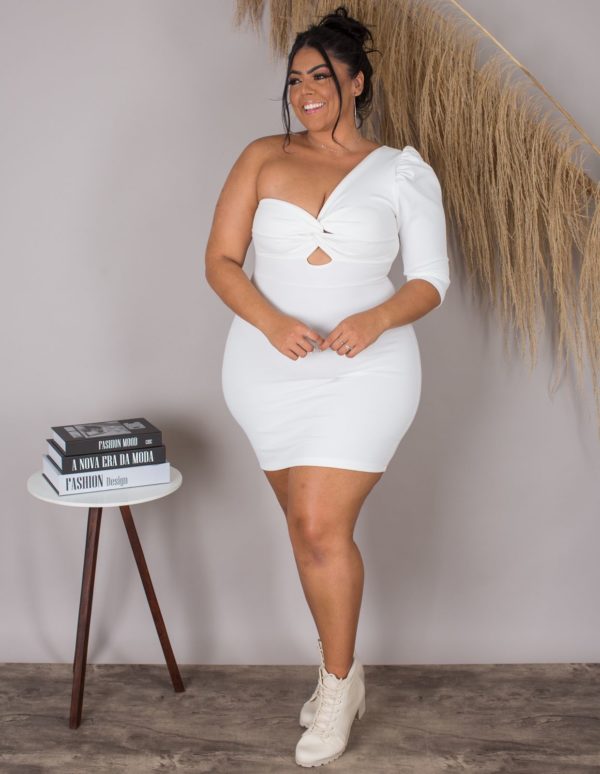 Vestido Plus Size com Manga de um Ombro Branco - Image 2