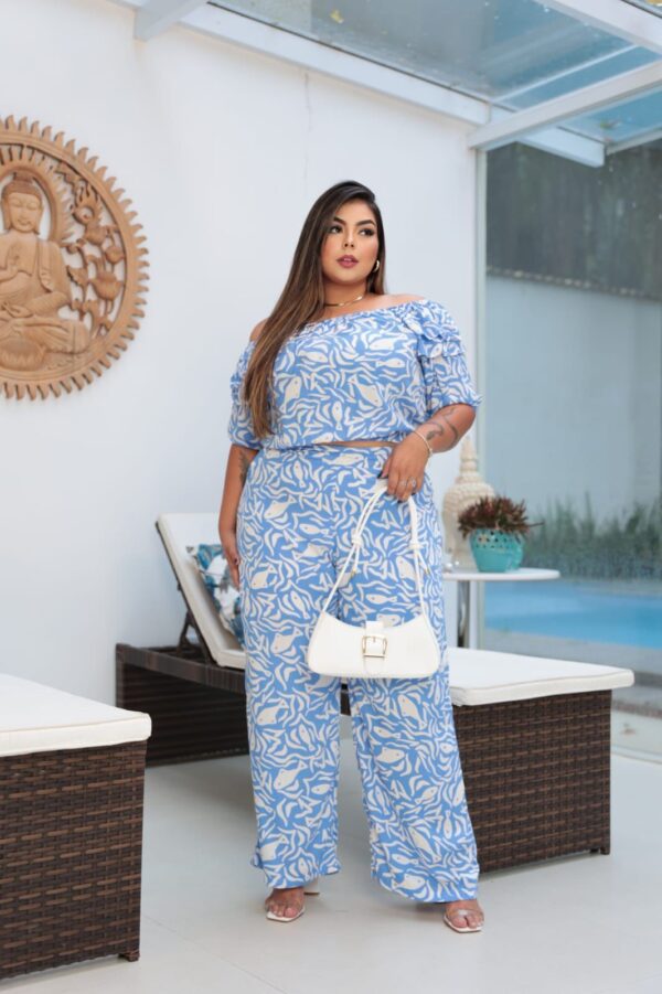 Conjunto Cropped Ciganinha E Calça Pantalona C/ Lastex Azul - Image 2