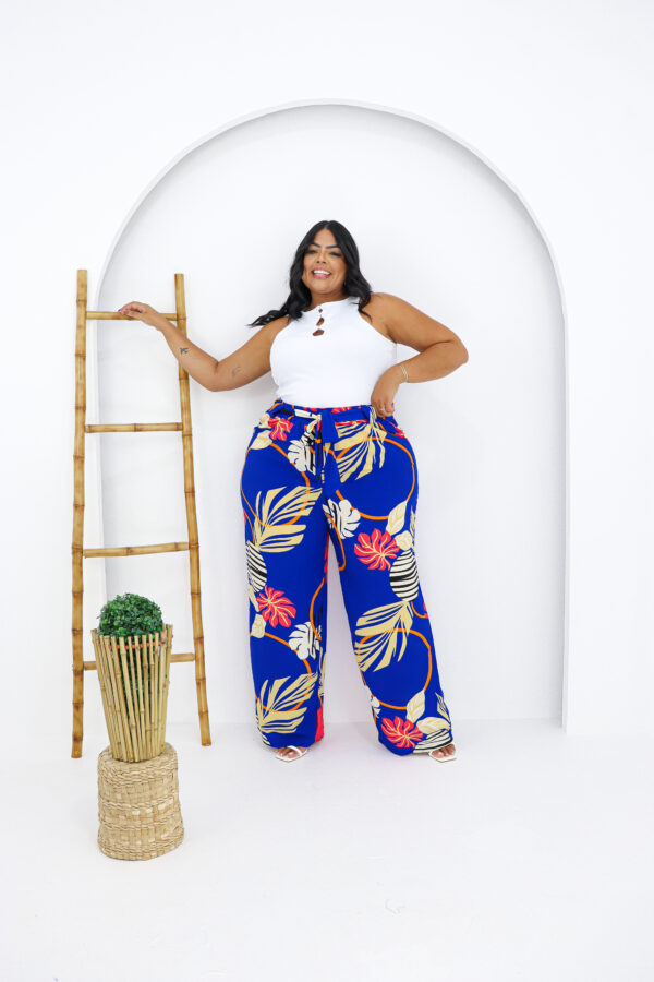 Calça Pantalona em Viscolinho Azul Estampado